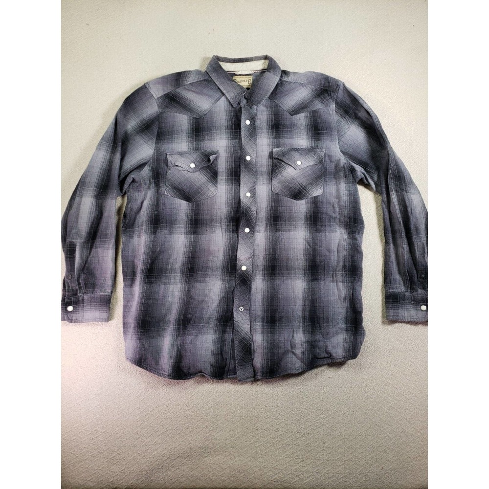 Roebuck Shirt Mens XL Cowboy Western Plaid Point‎ Pocket Button Gray Pearl Snap